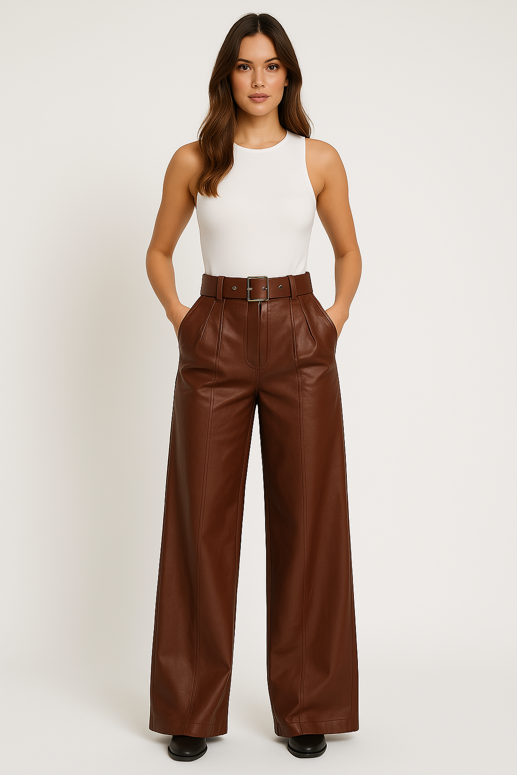 Women’s Faux Leather Trousers – High Waisted – Wide Leg – Pleated Front – Belted Waist
