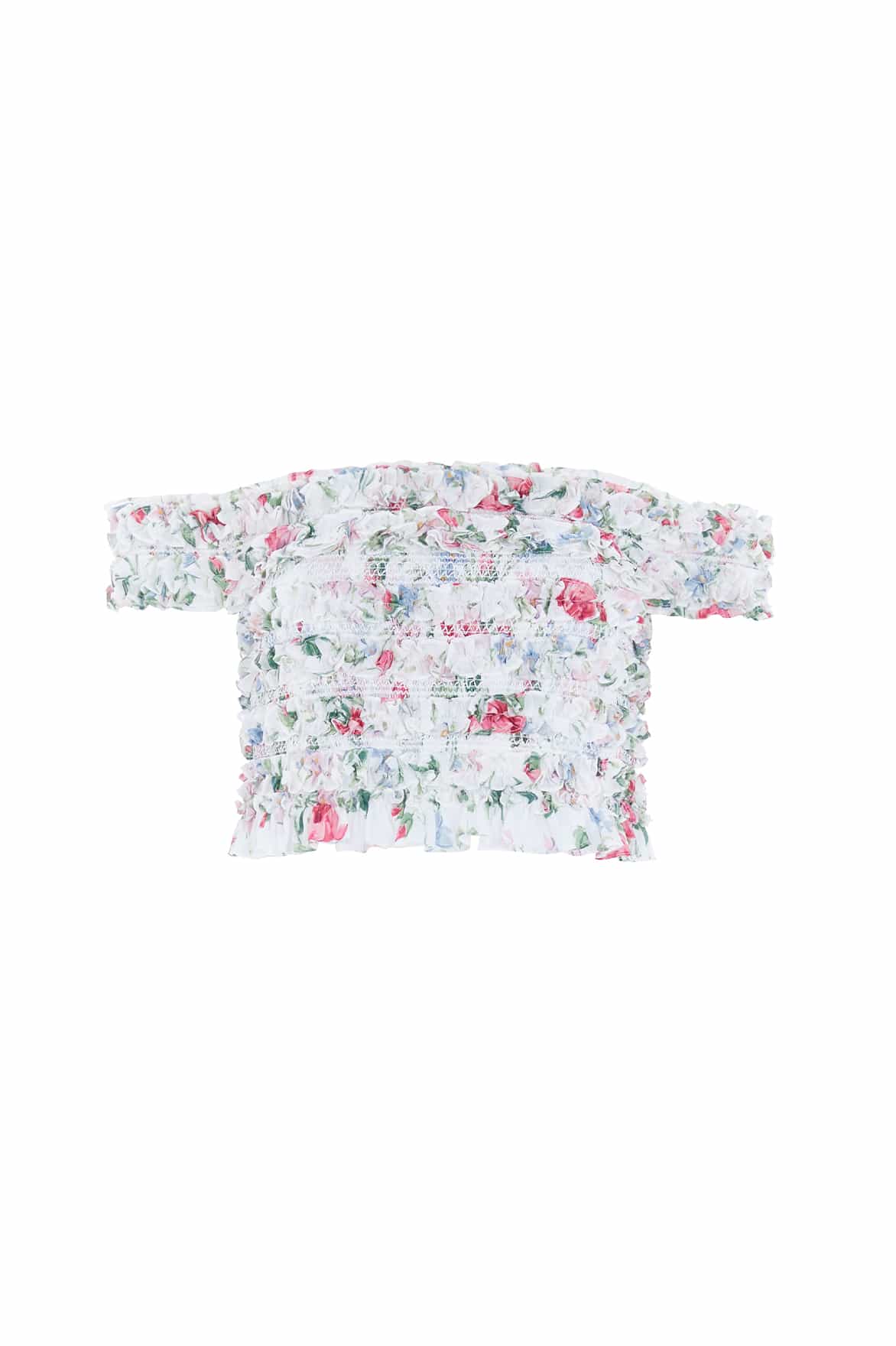 Floral Fantasy Chiffon Smocked Off-Shoulder Top