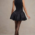 Bramble | Black Satin Square-Neck Puffball Mini Dress