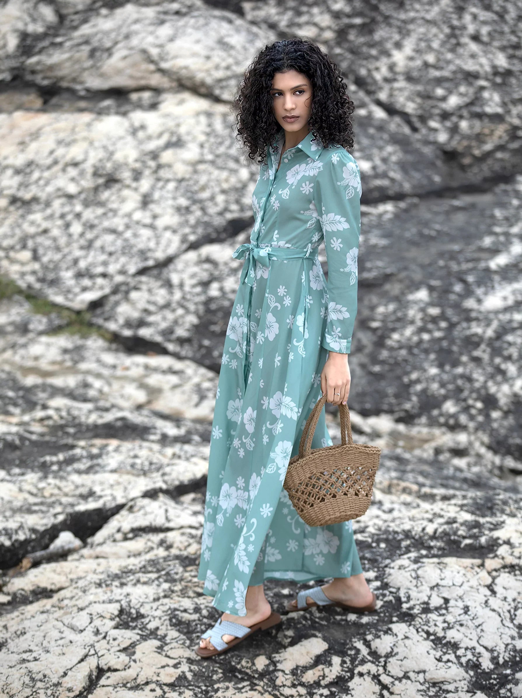 Light Green Floral Shirt Dress