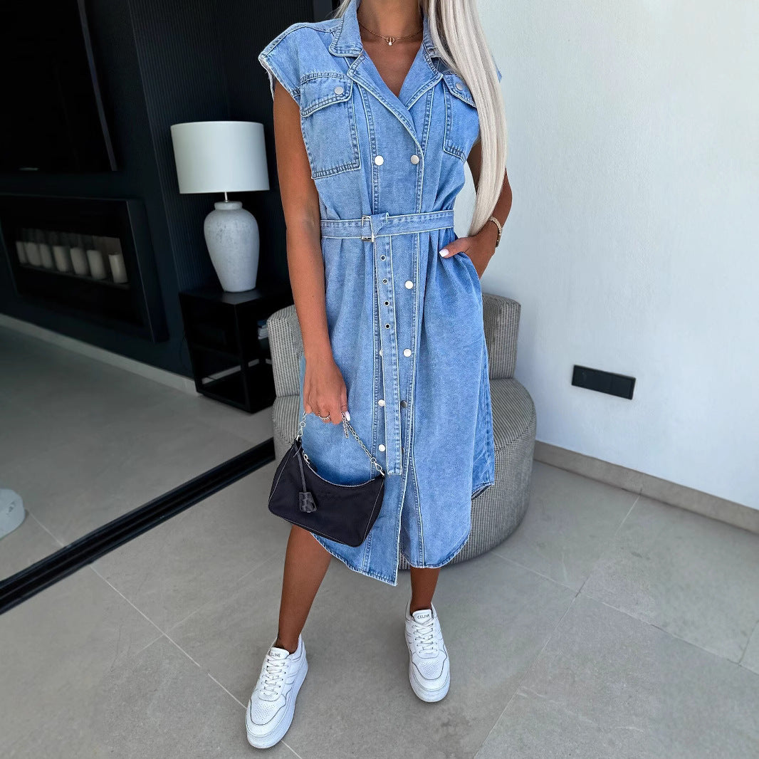 Women’s Denim Dress – A-Line Midi – Sleeveless – Button Front – Belted Waist