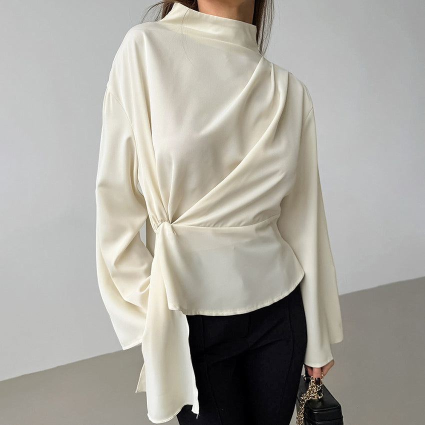Women's Blouse - Chiffon - Mock Neck - Draped - Fitted