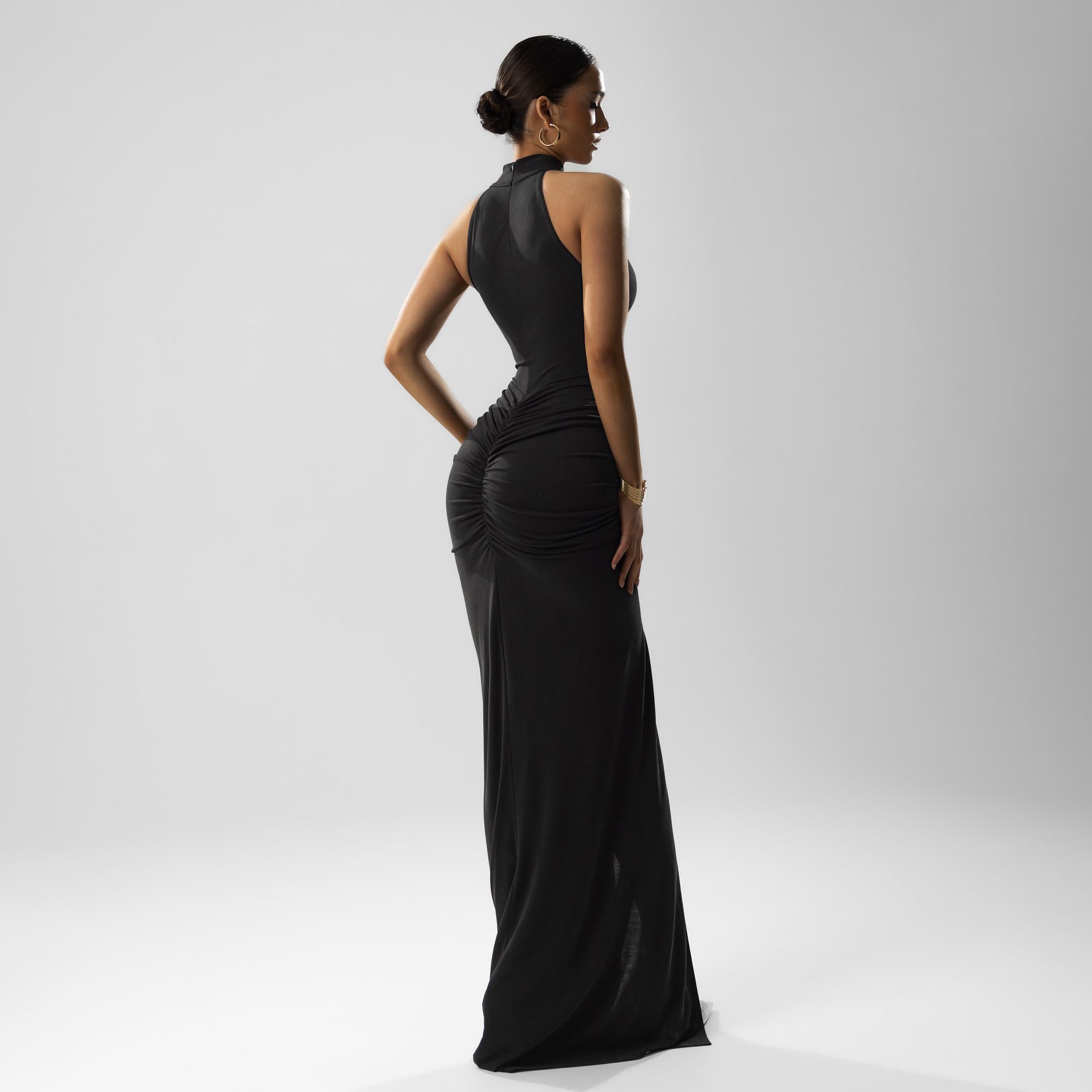 Women's Bodycon Dress - Midi Length - Ruched - Knit - Halter Neck