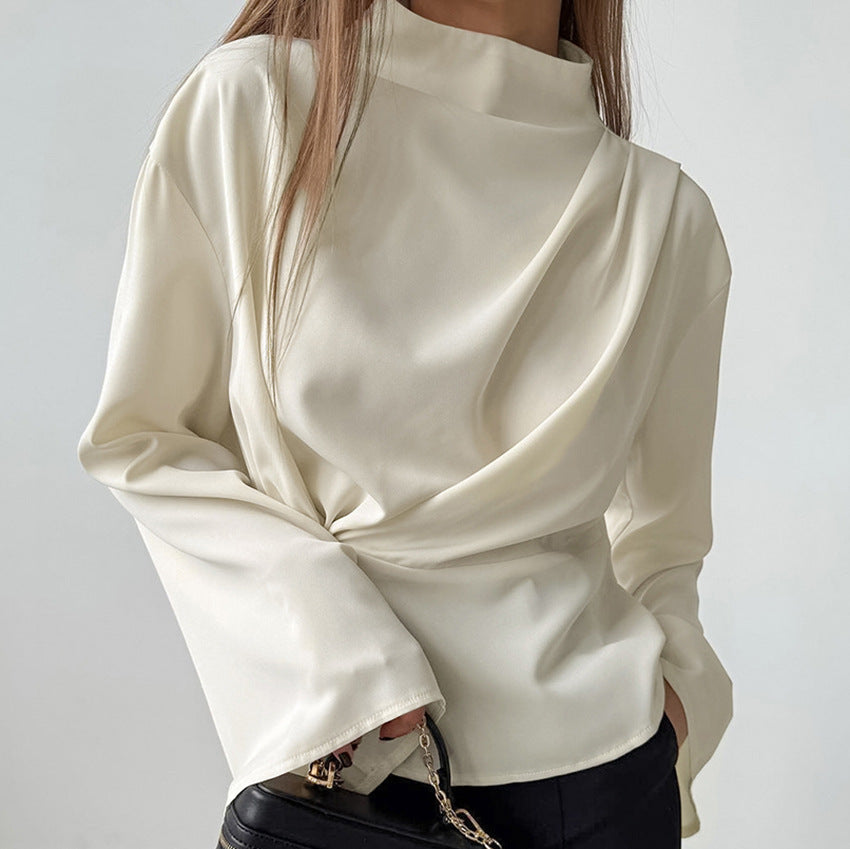 Women's Blouse - Chiffon - Mock Neck - Draped - Fitted