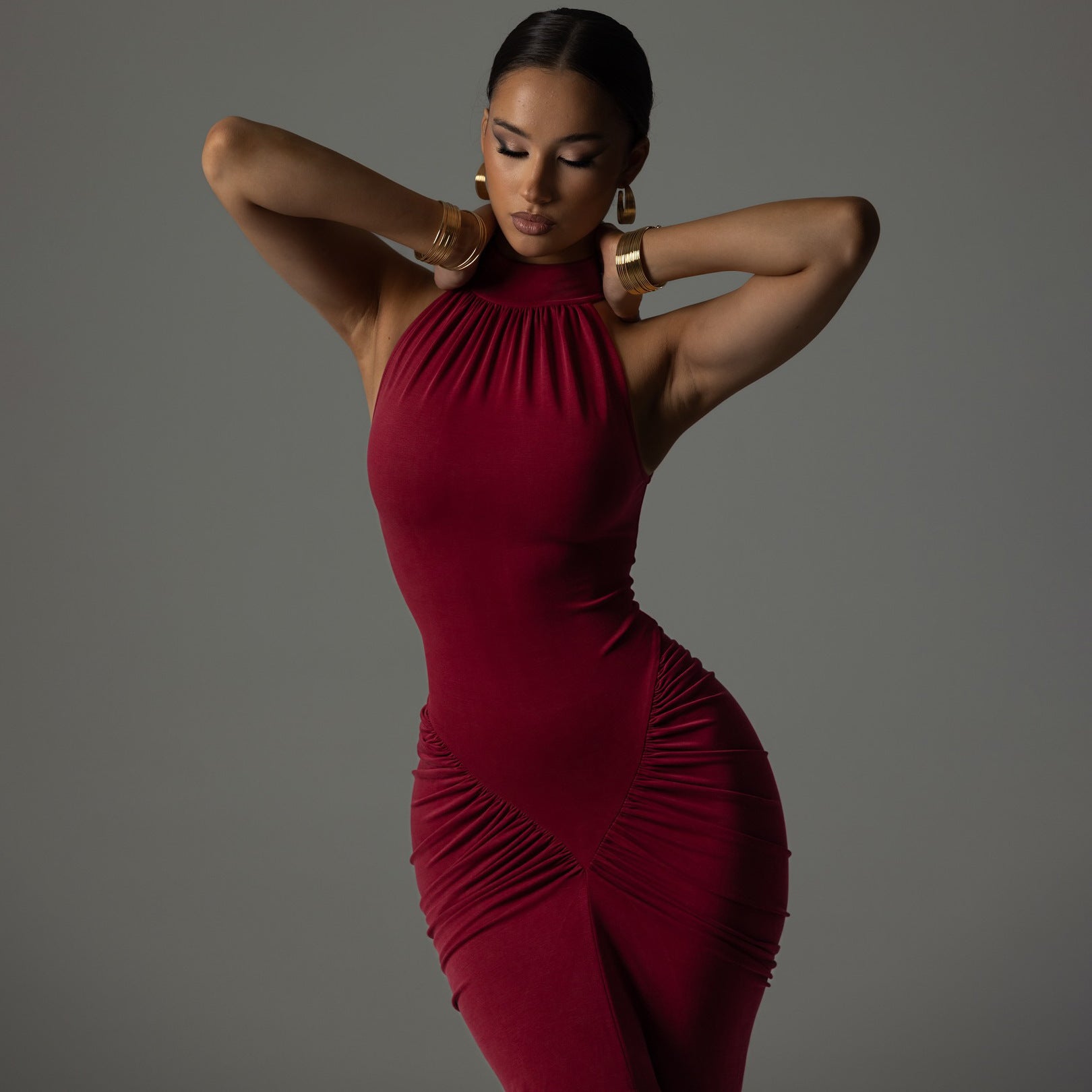 Women's Bodycon Dress - Midi Length - Ruched - Knit - Halter Neck