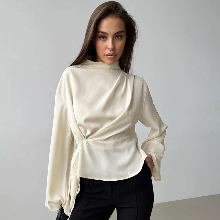 Women's Blouse - Chiffon - Mock Neck - Draped - Fitted