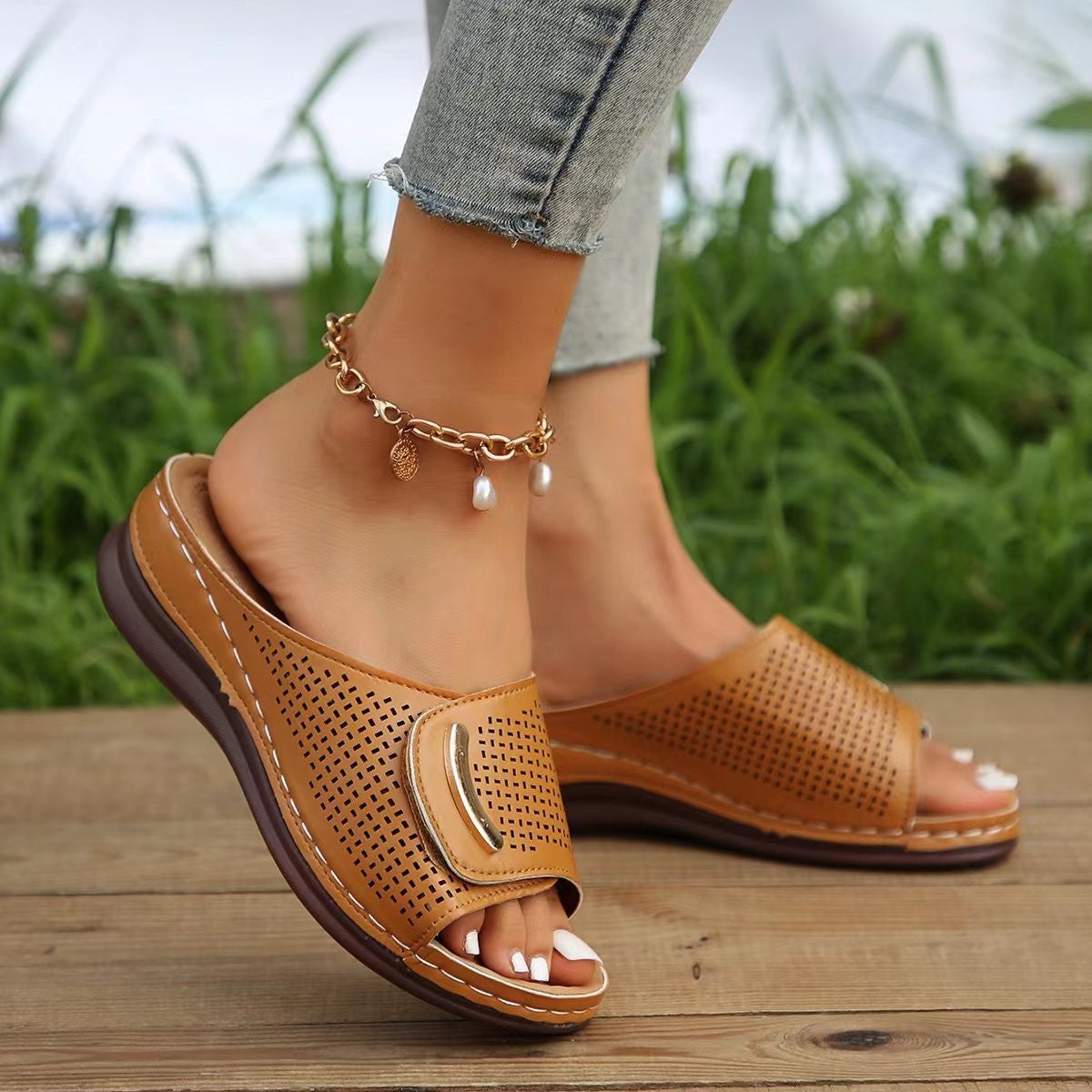 Women's Wedge Sandals - Faux Leather - Peep Toe - Slip-On