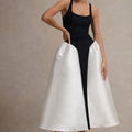 Christie | Black and Cream Scoop-Neck Midi Dress With Volume Skirt