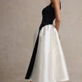 Christie | Black and Cream Scoop-Neck Midi Dress With Volume Skirt