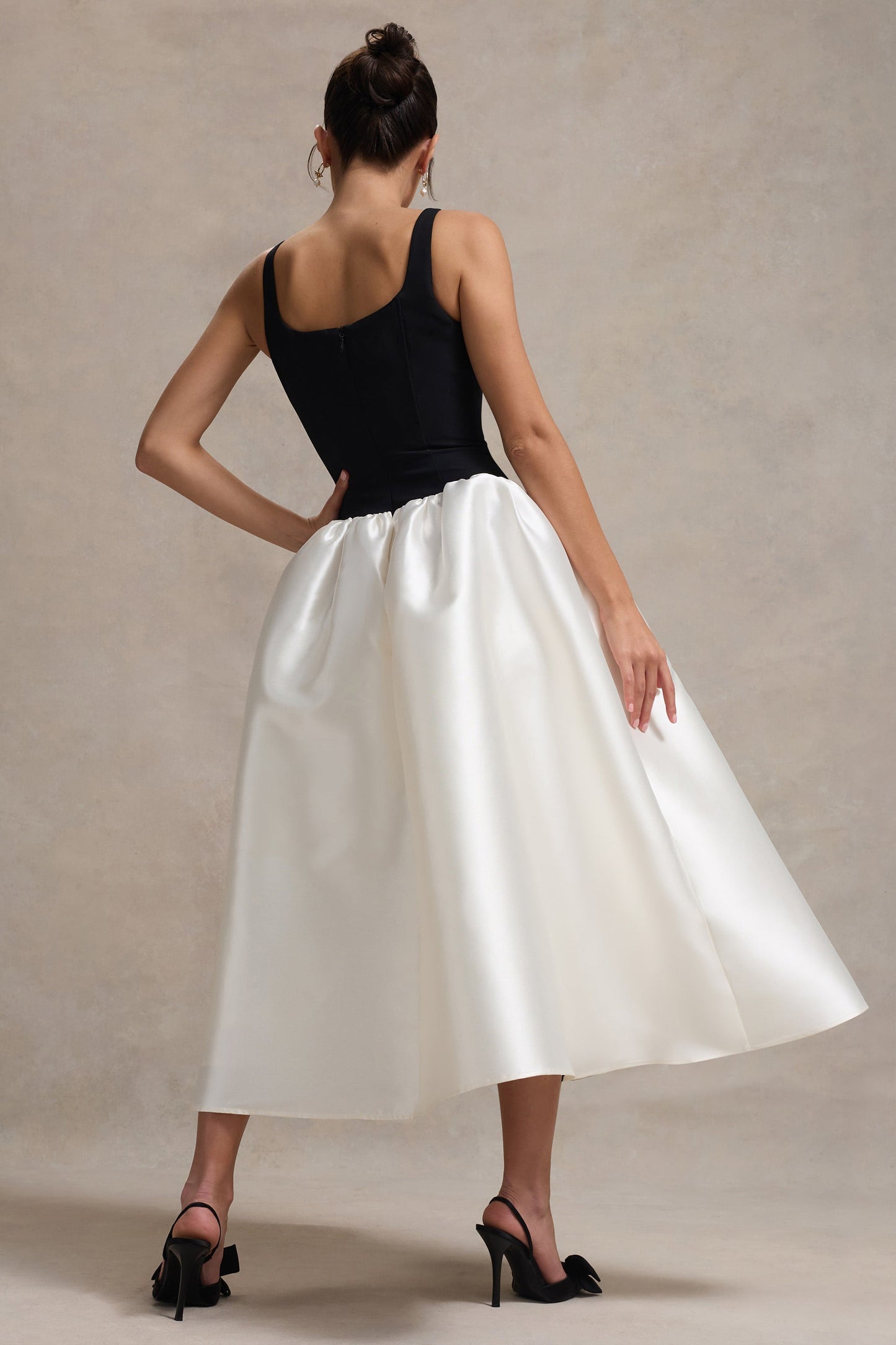 Christie | Black and Cream Scoop-Neck Midi Dress With Volume Skirt