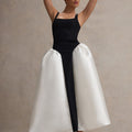 Christie | Black and Cream Scoop-Neck Midi Dress With Volume Skirt