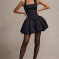 Bramble | Black Satin Square-Neck Puffball Mini Dress