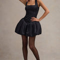 Bramble | Black Satin Square-Neck Puffball Mini Dress