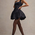 Bramble | Black Satin Square-Neck Puffball Mini Dress