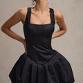 Bramble | Black Satin Square-Neck Puffball Mini Dress