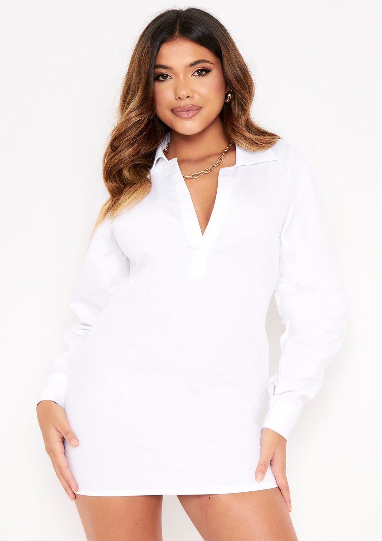 Kacie White Plunge Mini Shirt Dress