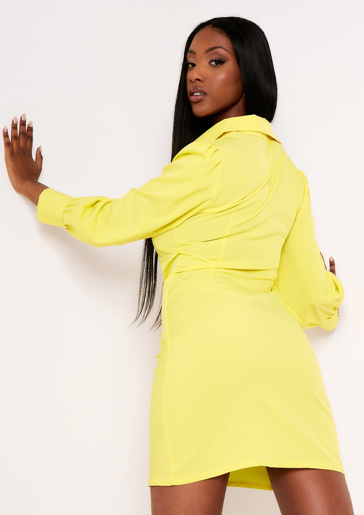 Maria Lemon Yellow Ruched Front Shirt Dress