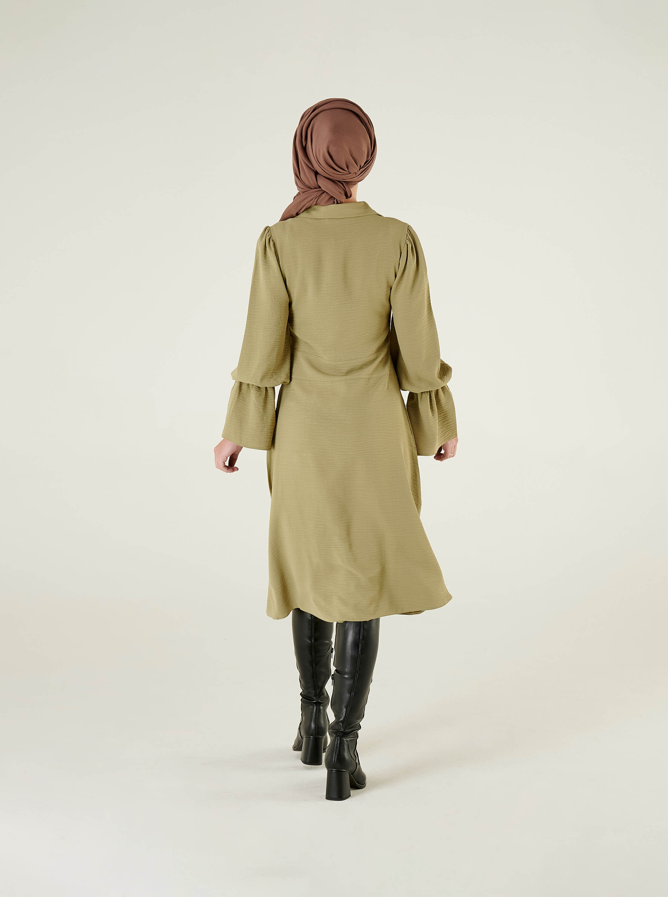 Khaki Shirt Collar Midi Dress