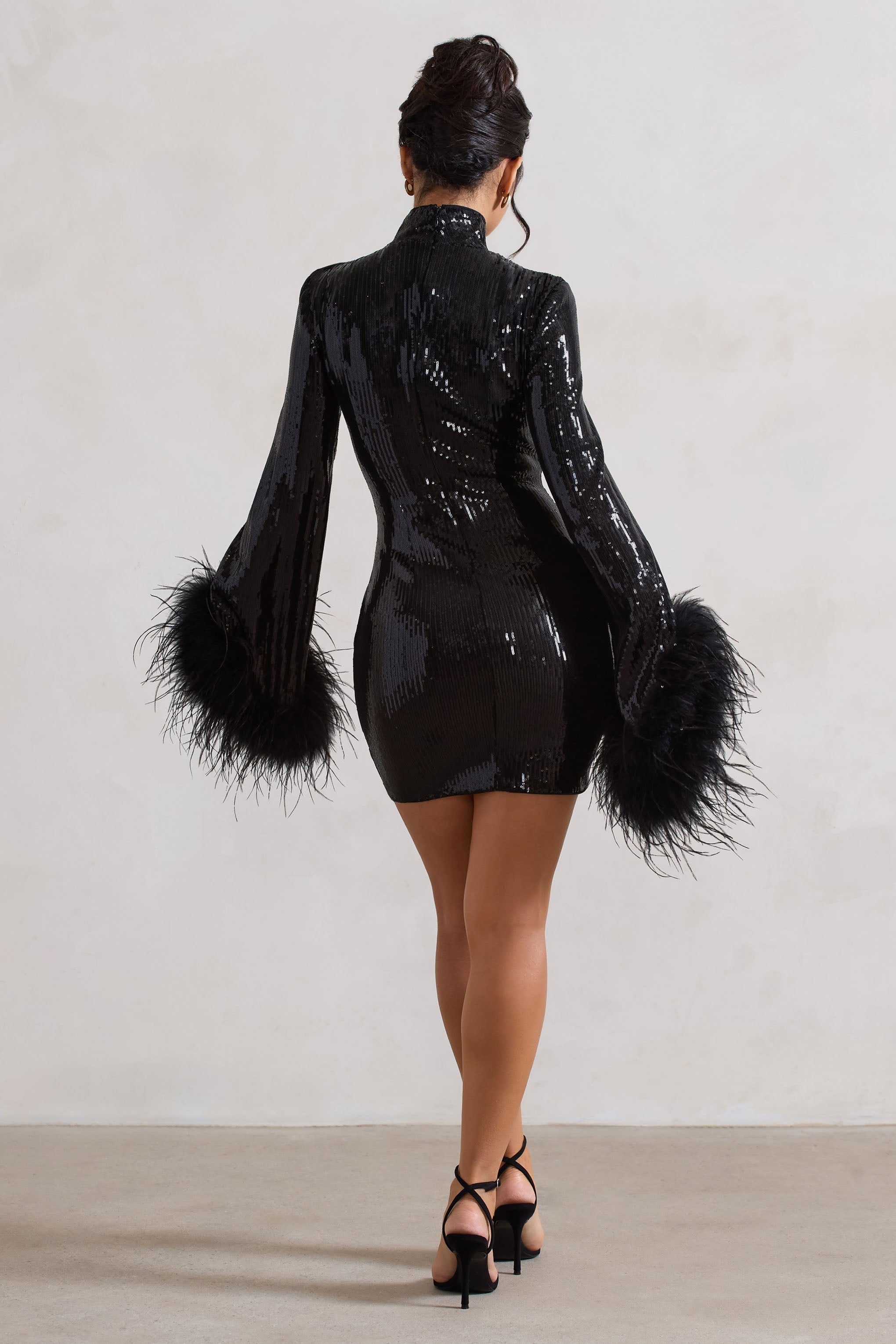 Cupid | Black Sequin High-Neck Mini Dress With Feather Cuffs